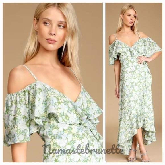 Nwt Lulu's S Green Floral Print Cold Shoulder Wrap Dress - Picture 1 of 14